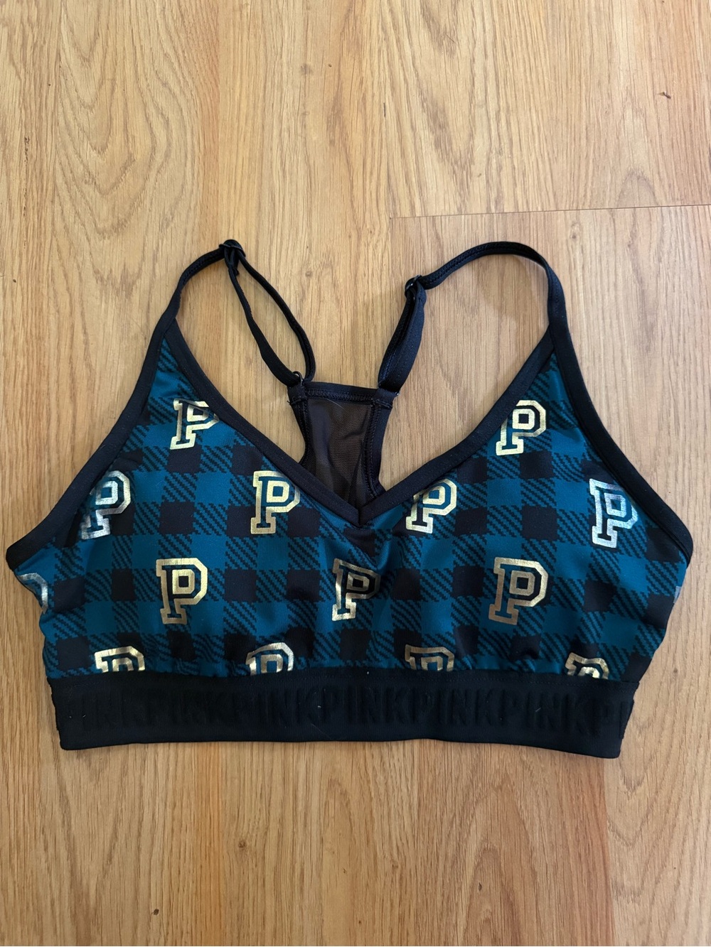 PINK Victoria's Secret by Victoria's Secret Teal Plaid Logo sports bra medium